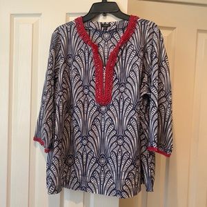 Talbots Red white and blue tunic top with beads